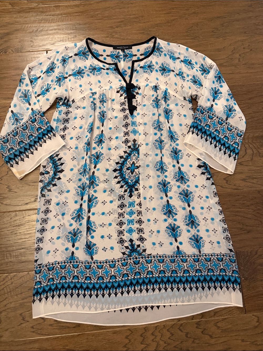 Nanette Lepore Boho Medallion Print Chiffon Tunic Dress Blue White
